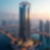 Aerial view of BM Tower showcasing its unique architectural design against the Dubai skyline