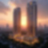 Stunning view of DEC Towers during sunset showcasing the architectural elegance