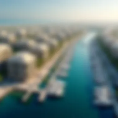 An aerial view of a marina bustling with activity